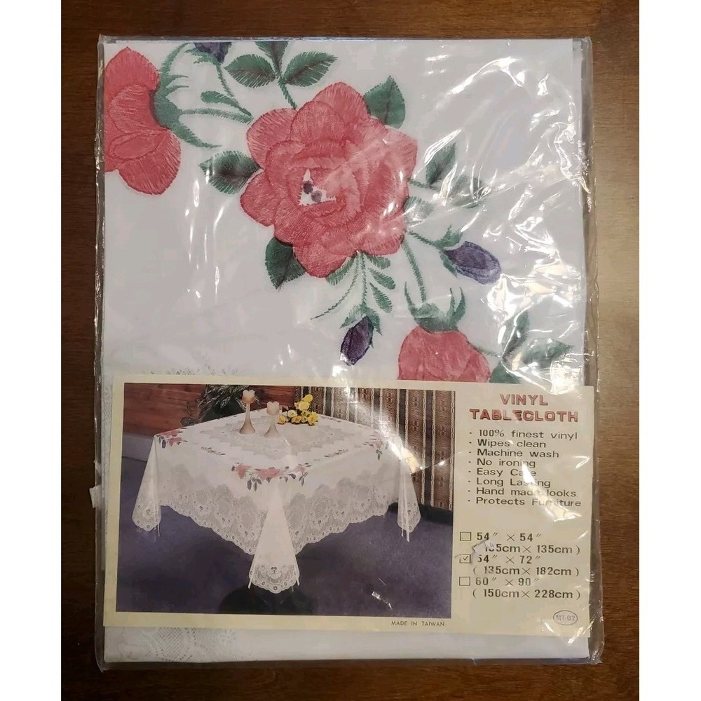 NEW Vintage Vinyl Floral‎ Roses and Lace Tablecloth 54 x 72 Granny Core